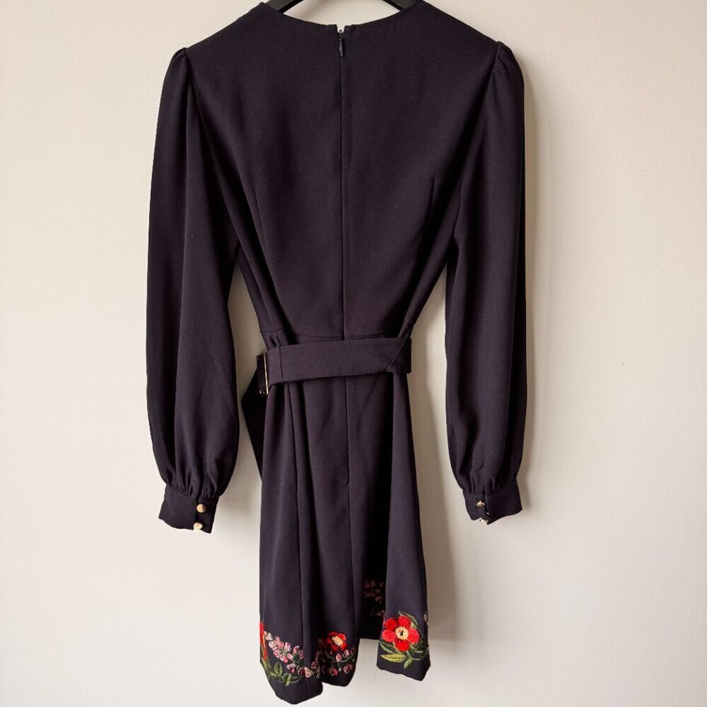 Ted Baker Long Sleeve Belted Floral Embroidered Dress Navy - Picture 3 of 14